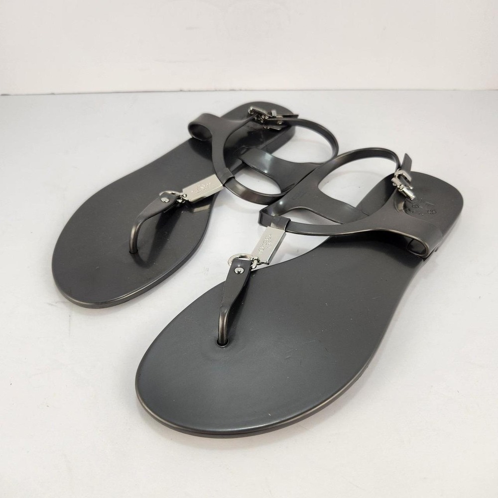Coach Women's Black Jelly Thong T-Strap Sandals Silver Hardware Size 10B